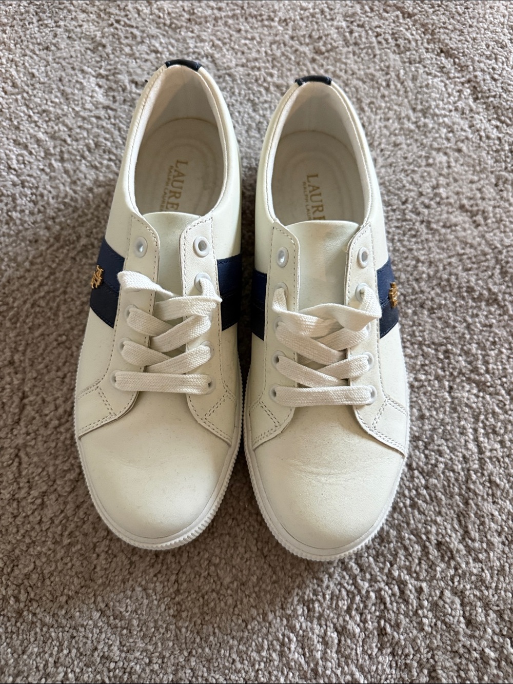 Lauren Ralph Lauren Cream Sneakers with Navy Stripe